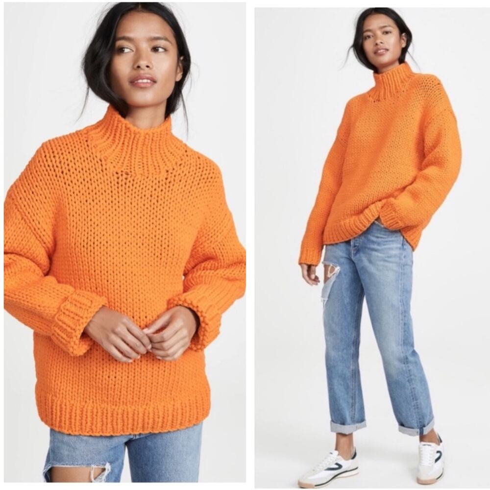 TORY SPORT $398 Oversized Chunky Hand Knit Sweater in Vibrant Orange XS